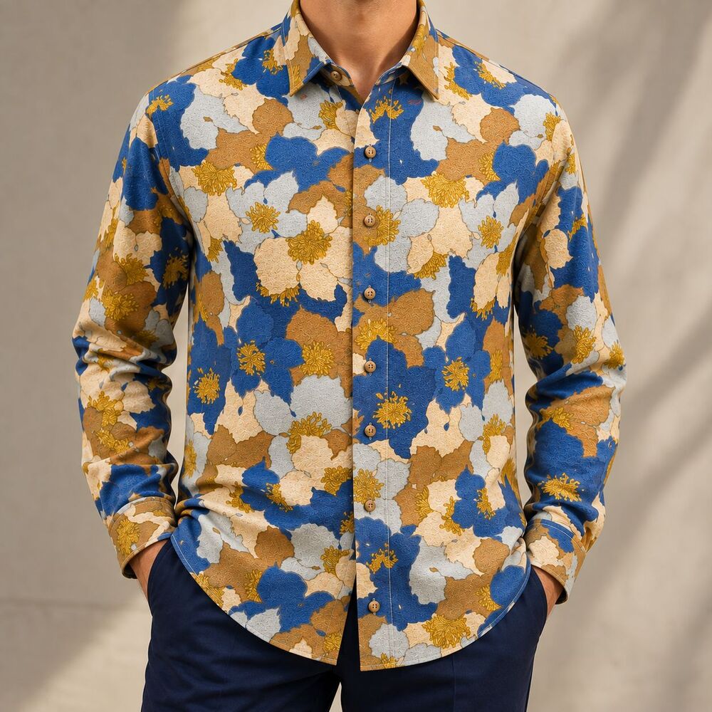 Mens Large Blue Tan Floral Silky Shirt Long Sleeve Retro Boho Button Up Casual